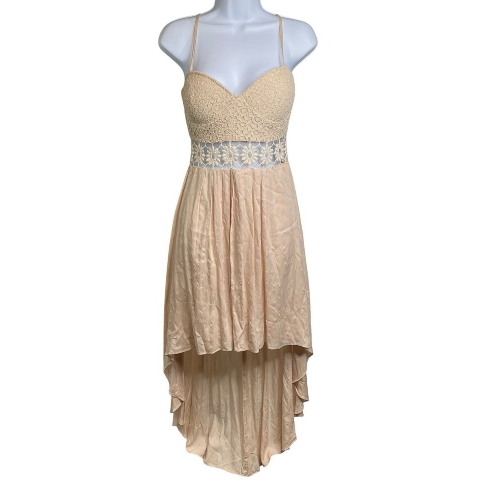 ARDEN B Womens Beige Lace Crochet High Low Dress Sz S Boho Sweetheart Romantic